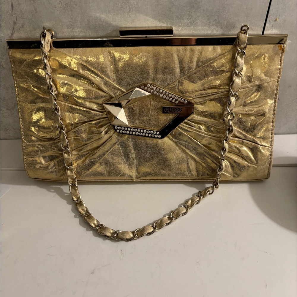 Guess Y2K Iconic Elegant Gold and Rhinestones Clutch Shoulder Bag